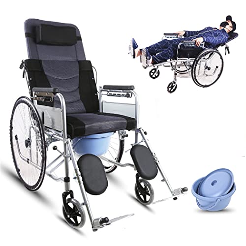 ZJDU Leichter Faltrollstuhl,Zurücklehnender Rollstuhl,Selbstfahrender Toilettenstuhl,6-Fach Verstellbarer, Flach Liegender Rollstuhl Mit Abnehmbarem Kissen Und Kommode