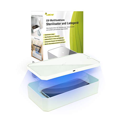 LEICKE UV Handy Sterilisator box | Überbrückungshilfe III möglich | tragbares UV Smartphone Desinfektionsmittel mit Wireless Charge | Ideal für Masken, Handschuhe, Brillen, Schlüssel, Schmuck usw.