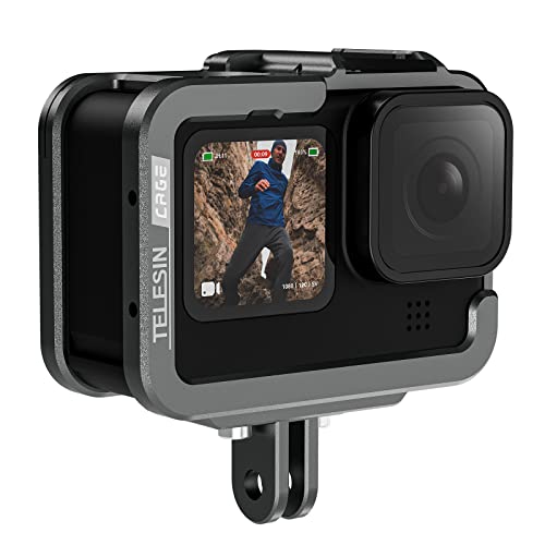 TELESIN Kamerakäfig für GoPro Hero 11 10 9, Aluminium käfig Cage Gehäuse für Go Pro, passend für Go Pro mit ND CPL-Objektivfilter Max-Objektiv an der Kamera, mit Cold Shoe Connect zum Video mikrofon