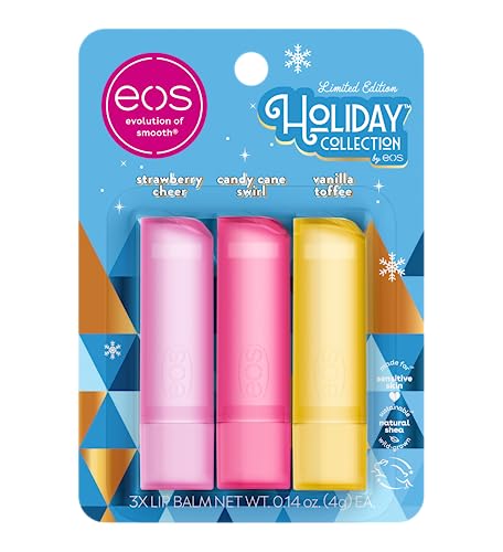 eos Holiday Lip Balm Gift- Strawberry Cheer, Candy Cane Swirl & Vanilla Toffee, Stocking Stuffers, All-Day Moisture Lip Care, 0.14 oz, 2-Pack