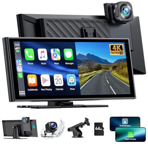 Autoradio für Apple Carplay Android Auto mit Dashcam Vorne Hinten 4K+1080P, 9,26 Zoll Tragbarer Wireless Car Play Touchscreen Autoradioempfänger mit GPS/FM/Siri/Google/Bluetooth/Mirror Link/64G TF/AUX