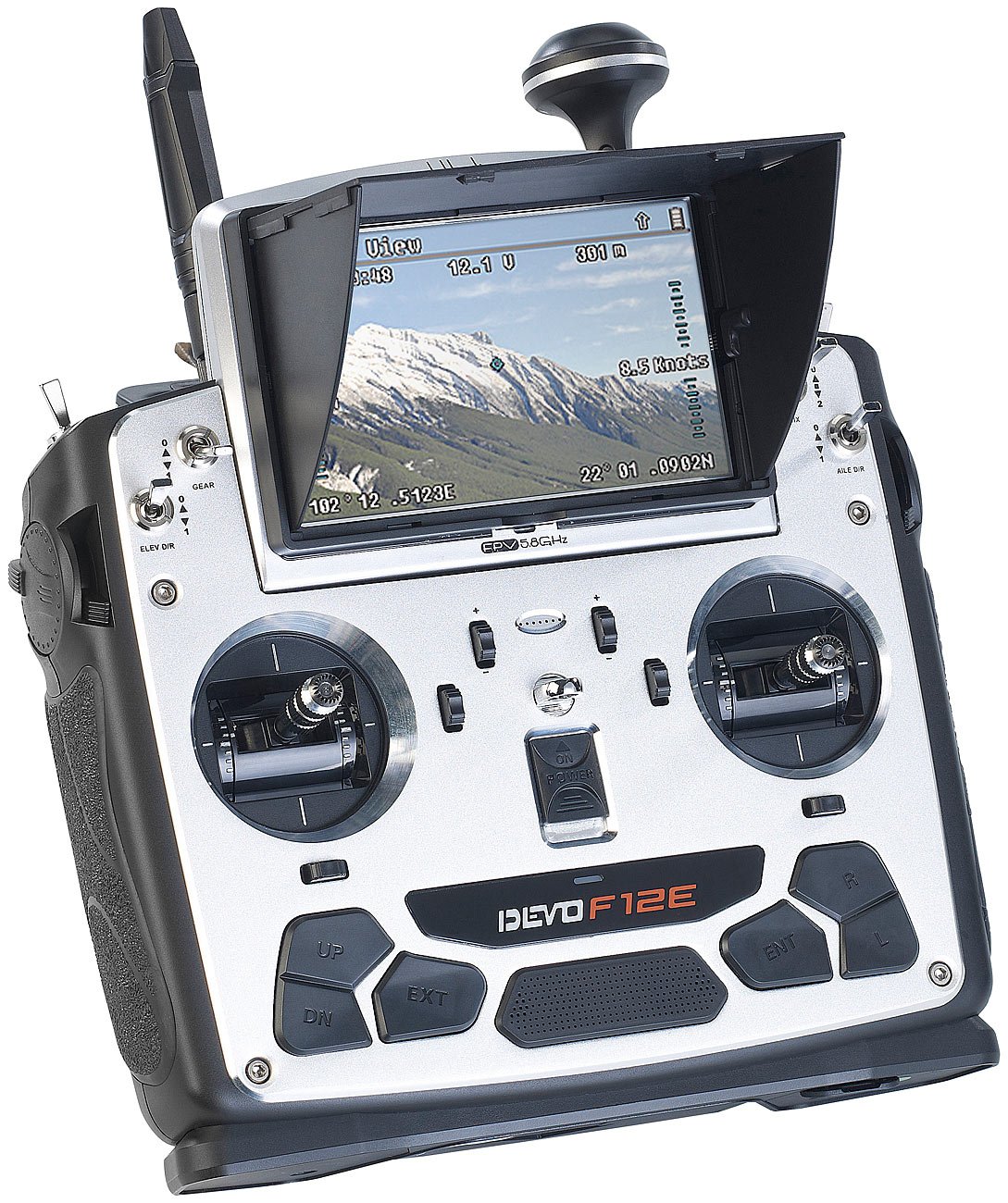 Simulus Zubehör zu Fernsteuerung Drohne: Profi FPV Funk-Fernsteuerung DEVO F12E 5,8 GHz (Drohne mit Liveübertragung, GPS-Drohne mit Live-Videokamera, RC)