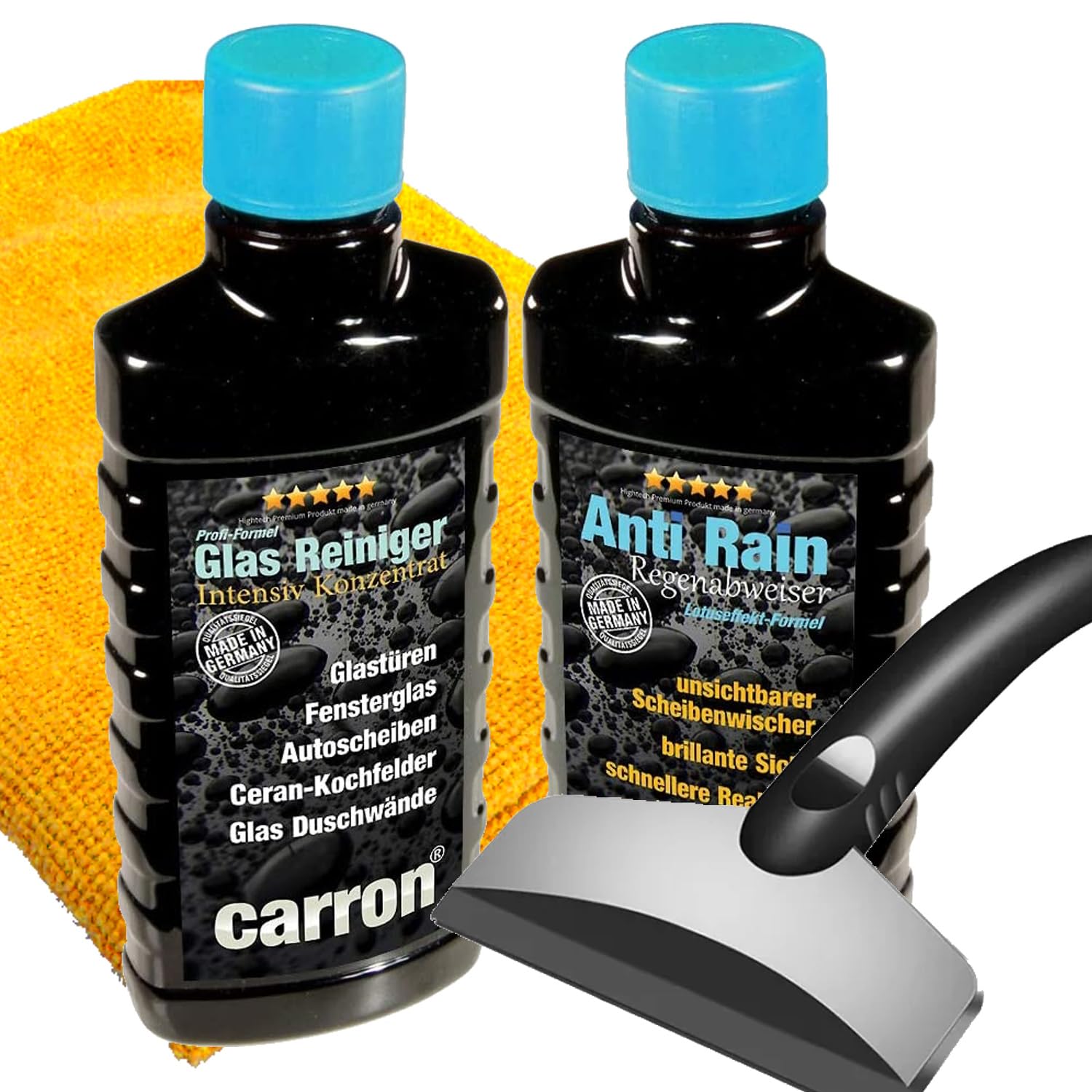 carron® Anti-Rain Profi-Set Glasreiniger + Regenabweiser + Eiskratzer für Reinigung und Versiegelung der Frontscheibe - Glasversiegelung für regenabweisenden Lotuseffekt (Bundle)