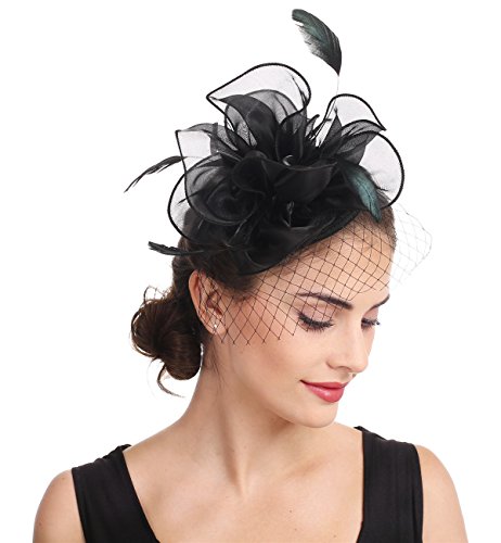 Fascinators Hut Cocktail Party Tee Kopfbedeckung Blume Mesh Organza Bänder Federn auf einem Stirnband und Gabel Clip für Mädchen und Damen (Floral Mesh Schwarz)