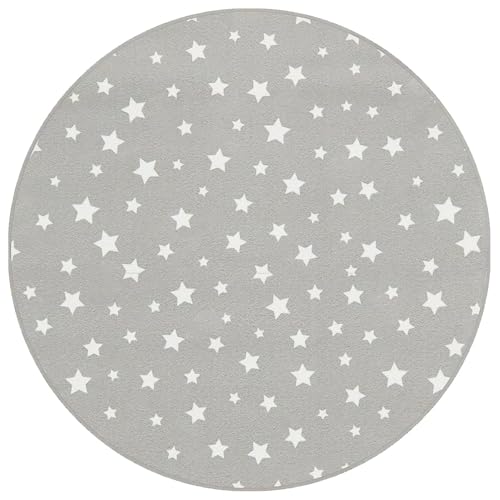 Fisura Grauer Teppich mit weißen Sternen, runder Teppich mit 100 cm Durchmesser, Kinderteppich mit Muster, 100 cm x 100 cm.