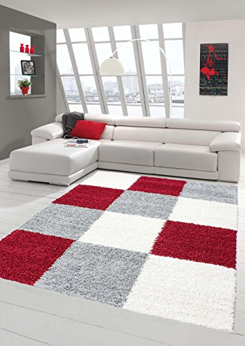 Shaggy Teppich Hochflor Langflor Teppich Wohnzimmer Teppich Gemustert in Karo Design Rot Grau Cream Größe 120x170 cm