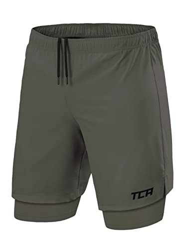 TCA Ultra Laufhose Herren 2-in-1 - Kurze Sporthose/Trainingshose/Laufshorts mit integrierter Kompressionshose und Reißverschlussfach - Grün/Grün (Reißverschlusstasche), XL