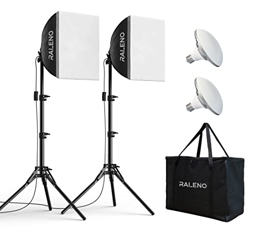 RALENO Softboxen, 2 x 50 W LED Softboxen Fotostudio Set, 2 x 40 x 40 cm Fotolicht mit 5500 K Glühbirne und Stativ, Fotolampe für Porträtfotografie, Game-Streaming, YouTube-Videofotografie