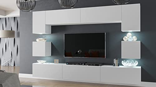 Furnitech Modernes TV Möbel mit LED Beleuchtung Schrank Wohnschrank Wohnzimmer Schrankwand Wohnwand Mediawand Nowara 1C (LED weiß, AN1-17W-M53 1C Matt)