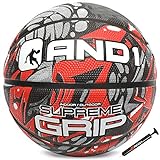 AND1 Supreme Grip Basketball & Pumpe, Gummi, offizielle Größe 7 (74,9 cm) Streetball, für drinnen und draußen Basketballspiele (rot/grau)