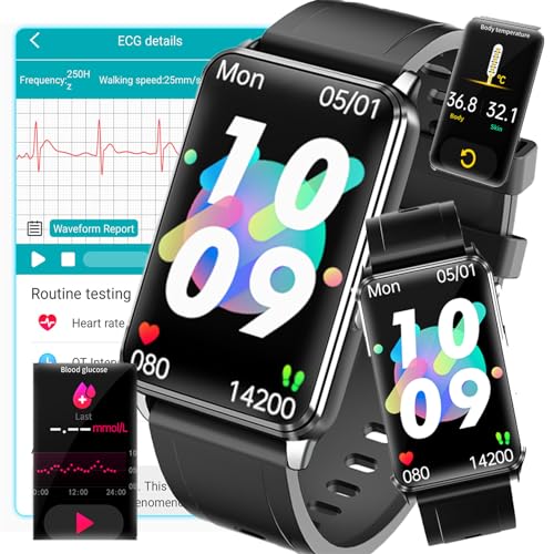 Fohatu ECG Smartwatch 𝐁𝐥𝐮𝐭𝐳𝐮𝐜𝐤𝐞𝐫,𝐁𝐥𝐮𝐭𝐳𝐮𝐜𝐤𝐞𝐫 Fitness-Tracker 𝐄𝐂𝐆 Pulsschlag Temperatur Pulsschlag Blut Blutsauerstoff Schlafüberwachung, Schrittzähler Aktivitätstracker,schwarz