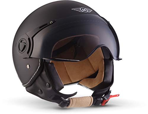 MOTO Helmets® H44 „Matt Black“ · Jet-Helm · Motorrad-Helm Roller-Helm Scooter-Helm Bobber Mofa-Helm Chopper Retro Cruiser Vintage Pilot Biker Helmet · ECE Visier Schnellverschluss Tasche S (55-56cm)