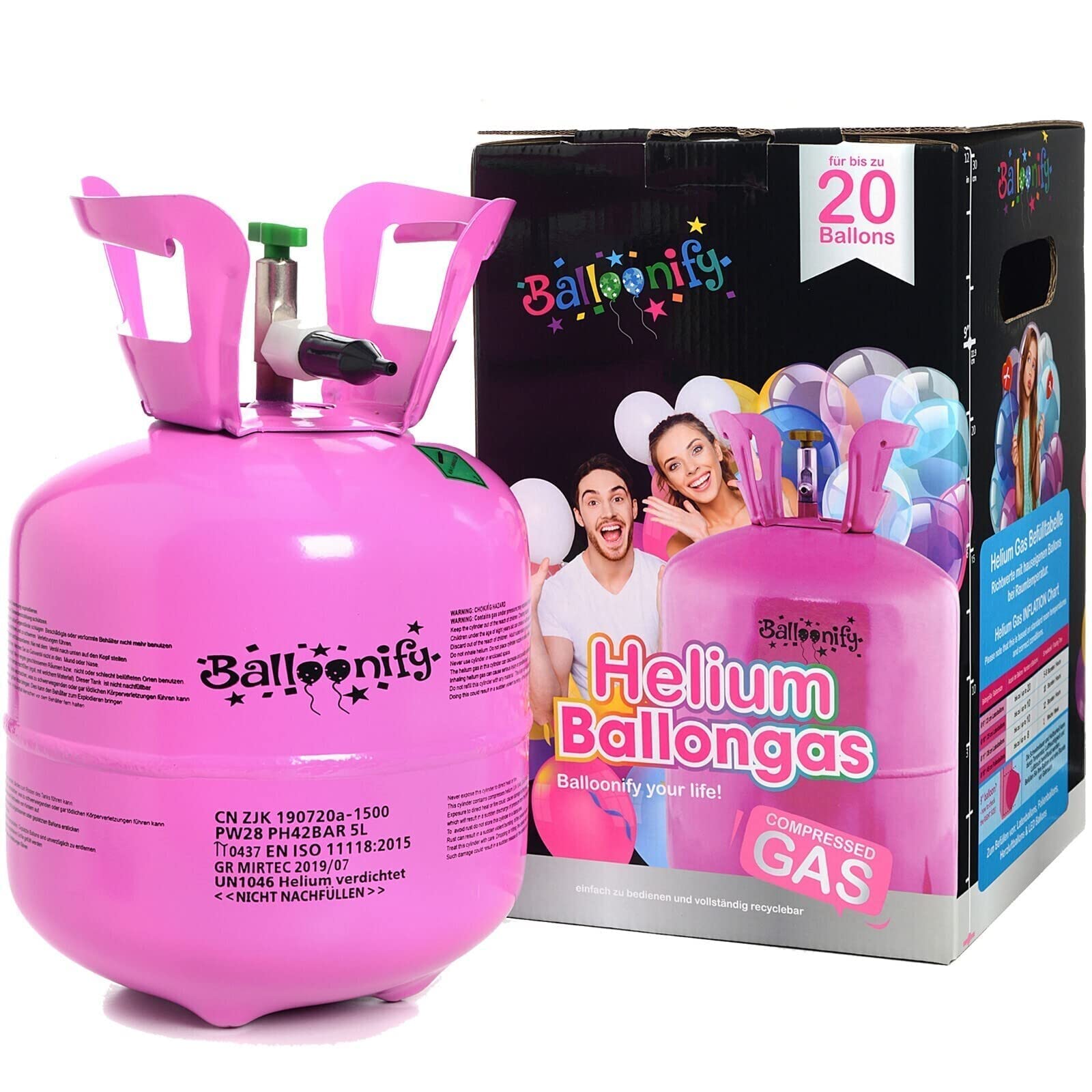 Helium Ballongas für 20/30/50 Ballons | Heliumflasche Set mit Knickventil für Luftballons + Folienballons | Geburtstag Party Hochzeit Flasche, Größe: Ballongas für 20 Ballons