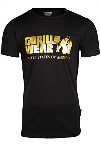 Gorilla Wear Classic T-Shirt - schwarz/Gold - klassisches Oberteil mit Logo zum Sport Alltag Training Workout Laufen Joggen bequem Normale Passform leicht aus Baumwolle bewegungsfreiheit groß, 3XL