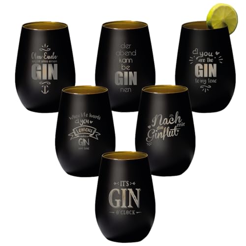 4you Design 6-er Set Gin Tonic Glas mit Sprüchen – Geschenkidee für Männer, Frauen – Tumbler-Party-Glas aus Kristallglas – sehr bruchsicher – Schwarz-Gold – 465ml