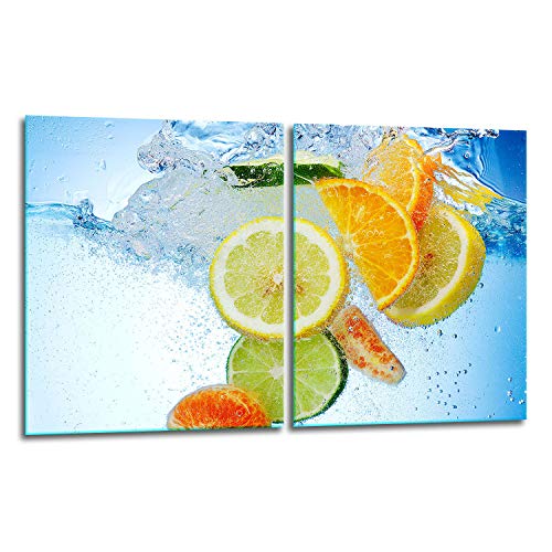 TMK | Herdabdeckplatten Set 2x40x52 cm Ceranfeld Abdeckung Glas Spritzschutz Abdeckplatte Glasplatte Herd Ceranfeldabdeckung Deko Schneidebrett Früchte