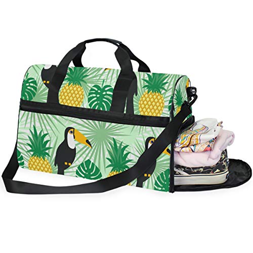 LUNLUMO Reisetasche mit tropischem Tukan- und Plamblätter-Muster, große Kapazität, Sporttasche, Sporttasche, Sportausrüstung, Gepäcktasche für Damen und Herren
