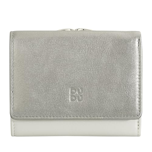 DuDu Kleine Damen-Brieftasche aus Leder mit RFID-Schutz, Münzfach und Klickverschluss, kompakt, 6 Kartenfächer Silber
