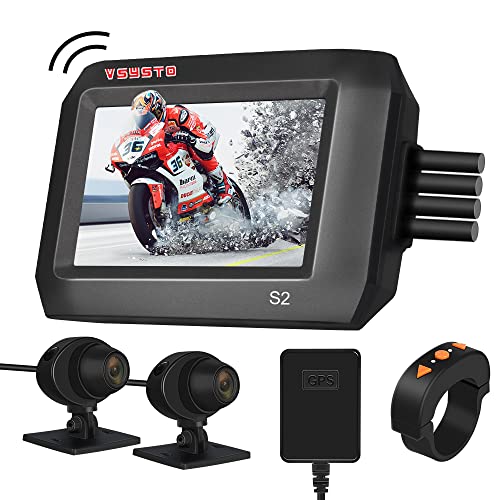 VSYSTO Dashcam Motorrad Motorrad Kamera 1080p Doppellinse Kamera Motorrad Vorne Hinten WiFi Wasserdicht 140° Weitwinkel Sportkamera 3,0 Zoll IPS Bildschirm mit GPS Daueraufnahme