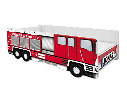 ACMA Kinderbett Auto-Bett Feuerwehr mit Rausfallschutz, Lattenrost und Matratze (160x80 + Name)