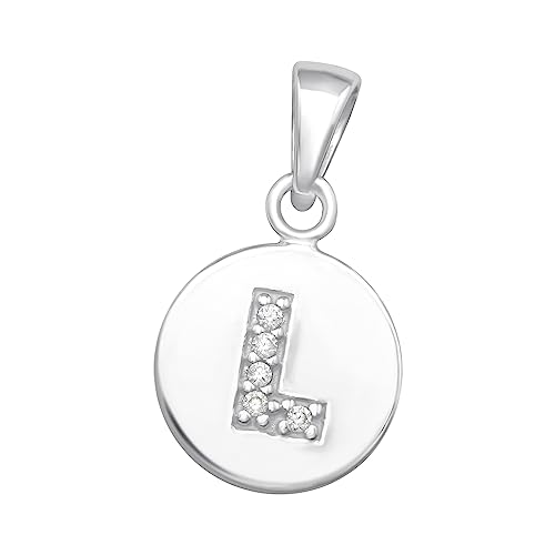 Bungsa KETTEN-ANHÄNGER RUND mit Buchstaben und Kristallen aus .925 Sterling Silber - Buchstabe L