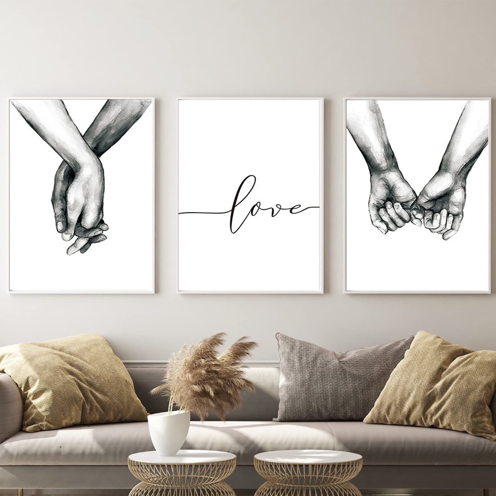 EUNEWR Leinwand Wandkunst Malerei,Schwarz Weiß Hand in Hand Wandkunst Leinwand Malerei Liebeszitate,Poster und Drucke Wandbilder für Wohnzimmer Wohnkultur X3 Rahmenlos,Moderne Mode Bild Raumdekor