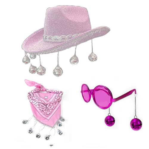 SELiLe Damen Bandana + Cowgirl Hut mit breiter Krempe + Anhänger Sonnenbrille für Party Musik Festival 3-teiliges Set Damen Fedora-Hut breite Krempe