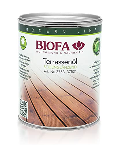 BIOFA Terrassenöl farbig 37531 Pflegeöl für Holzterrassen und Terrassen-Dielen aus Holz – Öl aus natürlichen Rohstoffen - Außenbereich (1L, Grau)