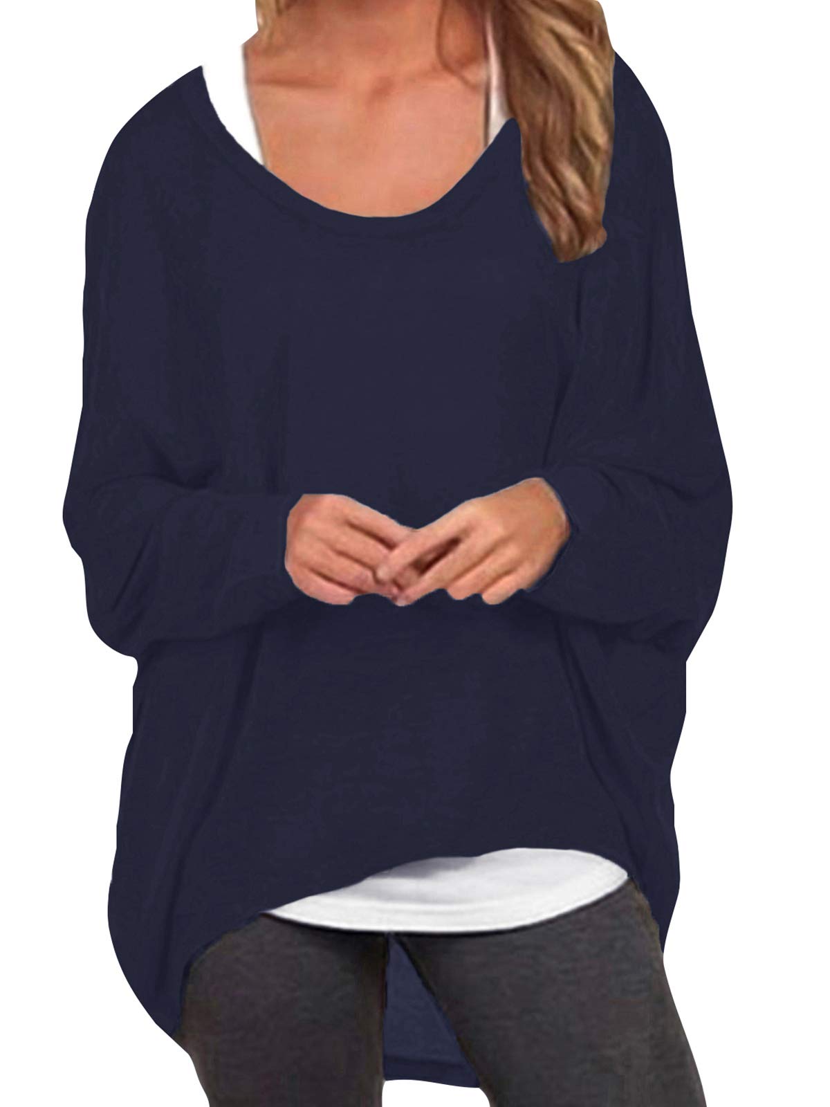ZANZEA Damen Lose Asymmetrisch Jumper Sweatshirt Pullover Bluse Oberteile Oversize Tops Marine XL