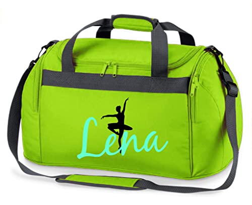 Sporttasche mit Namen | Personalisieren & Bedrucken | Motiv Ballett-Tänzerin Ballerina | Reisetasche Umhänge-Tasche für Mädchen | inkl. Namensdruck (apfelgrün)