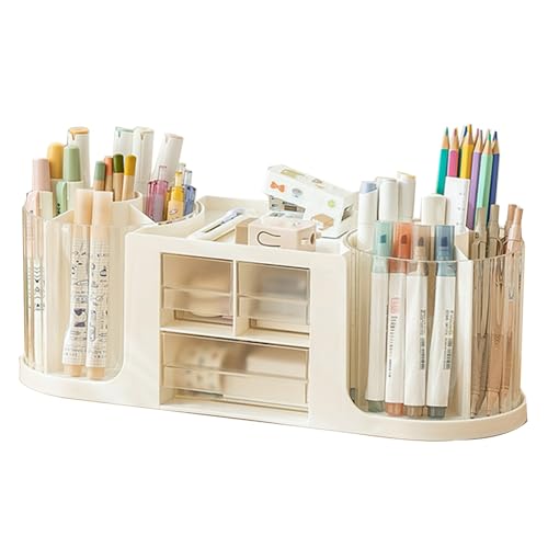 Stifthalter, Stifthalter mit Schublade, Schreibtisch-Organizer, transparentes drehbares Design, große Kapazität, Stifthalter, Aufbewahrungsbox Weiß