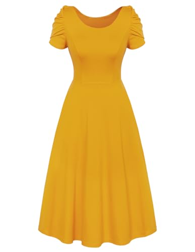 Damen Retro A Linien Kleid Rundhalsausschnitt Hoher Taille Kurzarmkleid Golden M