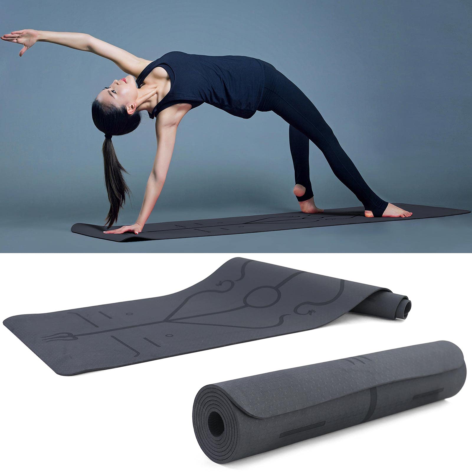 RAMROXX TPE Yoga Matte mit Yoga Symbolen Gymnastikmatte Schwarz 182x61cm 7mm