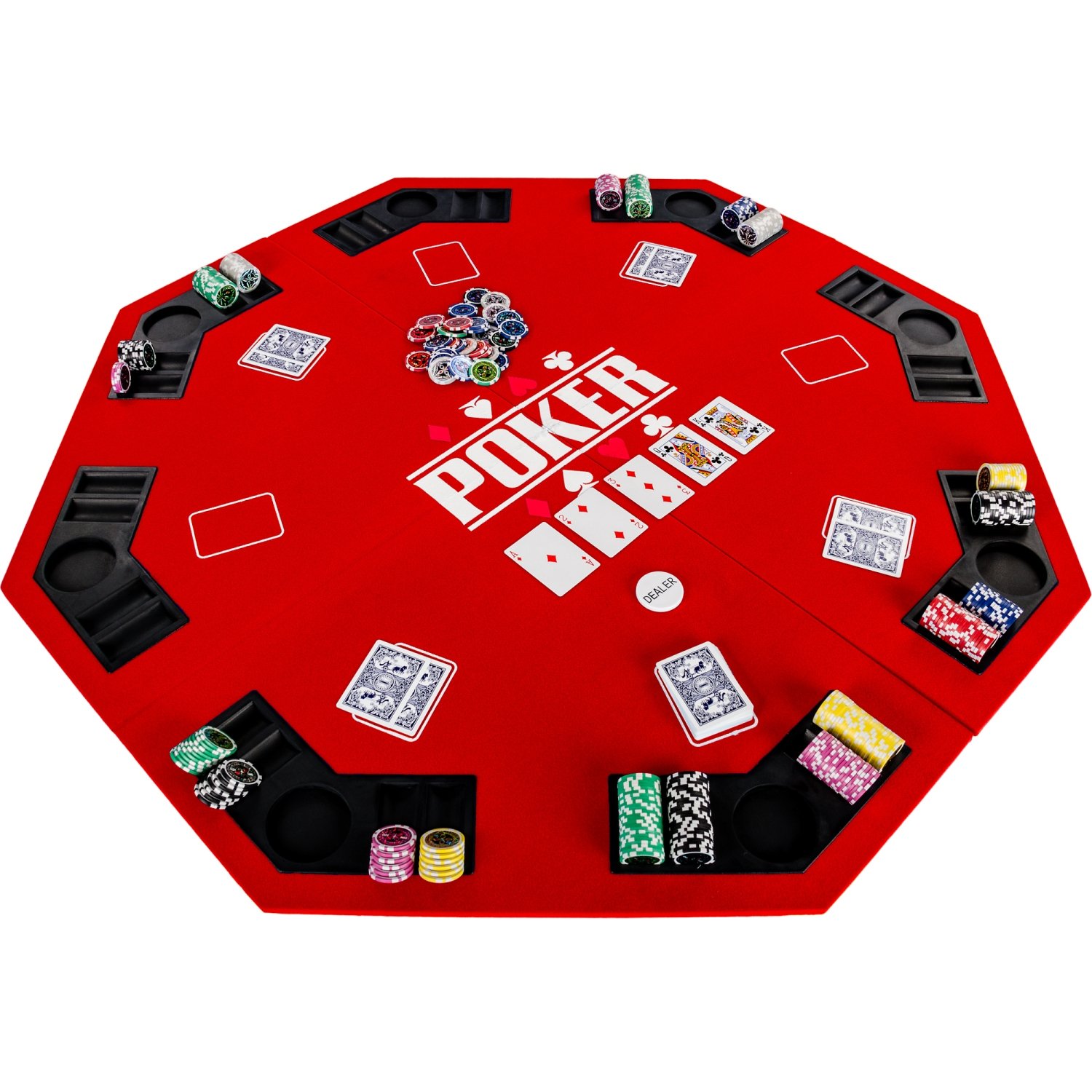 GAMES PLANET Faltbare Pokerauflage „Full House“ für bis zu 8 Spieler, achteckig, Maße 120x120 cm, MDF Platte, 8 Getränkehalter, 8 Chiptrays, rot