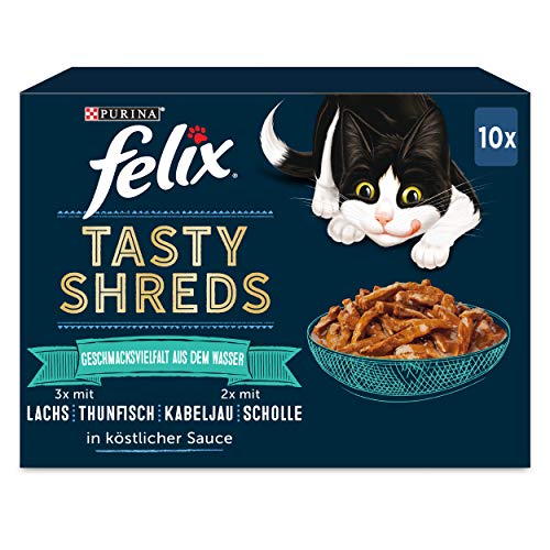 Felix Tasty Shreds Katzenfutter nass in Sauce, Geschmacksvielfalt aus dem Wasser, 1er Pack (6 x 10 x 80 g)