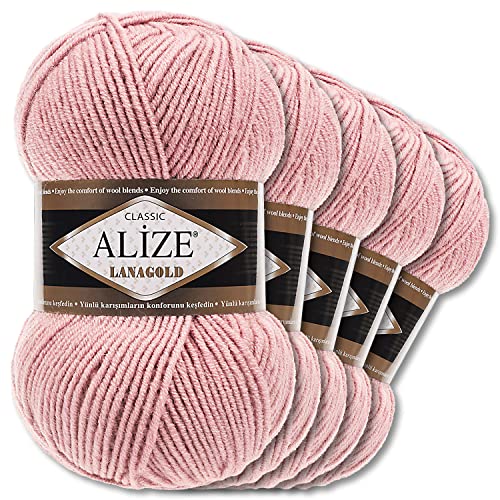 Alize 5 x 100 g Lanagold Wolle | 53 Auswahl | Stricken Häkeln Wolle (161 | Puderrosa)