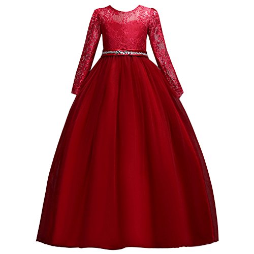 IBTOM CASTLE Festlich Mädchen Kleid für Kinder Sweet Prinzessin Langarm Spitzen Kleider Hochzeit Blumenmädchenkleid Rot 10-11 Jahre