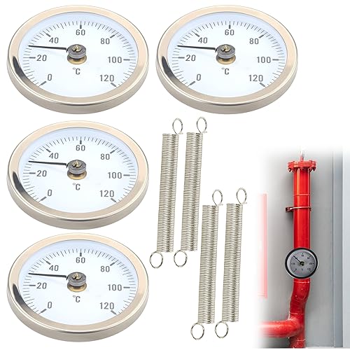 Anlegethermometer Heizungsrohr, 4 Stück Bimetall Anlegethermometer Thermometer, Industrielles Rohrthermometer, Temperaturanzeige Mit Clip-On Feder, Zeigerthermometer 0-120 °C 63 mm Rohr Thermometer