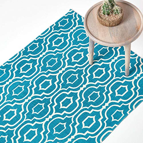 Homescapes Teppich/Bettvorleger Riga, handgewebt aus 100% Baumwolle, 90 x 150 cm, Baumwollteppich mit geometrischem Muster, türkis