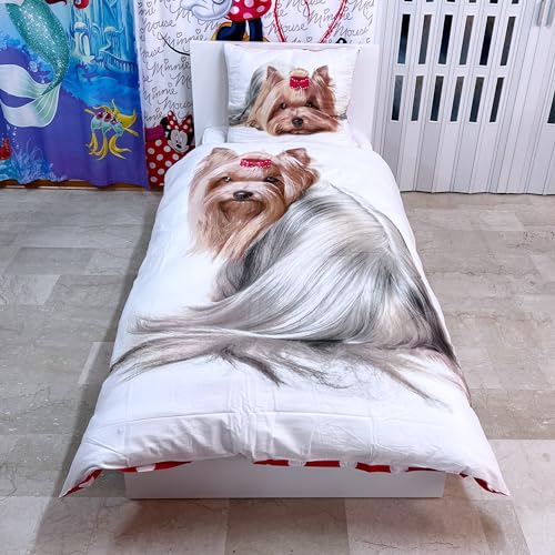 Faro Yorkshire Hund Welpe Best Friends Set Bett, Bettbezug 160 x 200 Einzelbett 100% Baumwolle Bettwäsche, Mehrfarben, 200 x 160 cm