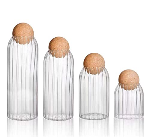 Eidoct 4 Stück Glas mit luftdichtem Holzdeckel, verschiedene Größen, klares Glas, Lebensmittelbehälter, transparente Süßigkeitengläser, dekorative Organizer-Flaschenbehälter (gerippter Stil)