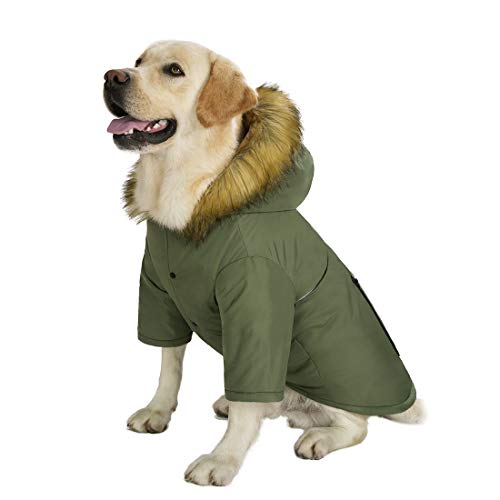 Miaododo Große Hunde-Daunenjacke Hoodie Mantel Winter wasserdicht, reflektierend, warme Hundekleidung, Kleidung, dick gepolstert für mittelgroße große Hunde, mit echter Tasche (38, Armeegrün)