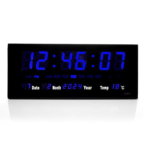 TruWare Just Camp Wanduhr Digital Groß LED Uhr mit Kalender Temperaturanzeige Studiouhr für Gewerbe Cafes Kiosk Digitaluhr XL (Blau)