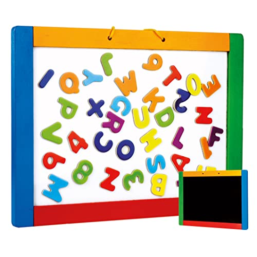 Bino & Mertens 83651 magnetische Hängetafel mit bunten Buchstaben, Spielzeug für Kinder ab 3 Jahre, Kinderspielzeug (Magnettafel zum Beschriften, Schieferseite, Hängeschlaufe & magnetische Buchstaben), Mehrfarbig