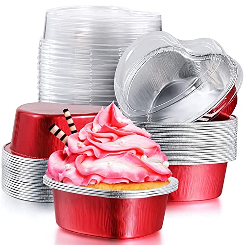 Djioyer Folien Cupcakes,Backförmchen, 50 Stück Alufolie Puddingbecher mit Deckel Herzförmige Einweg Mini Mousse Cupcake ,100 ml (rot)