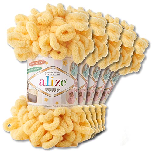 Alize 5 x 100 g Puffy Wolle Chenille Schlaufenwolle Häkeln und Stricken ohne Hilfsmittel Kleidung Accesoire Decken Teppiche (509 | Zitrone)