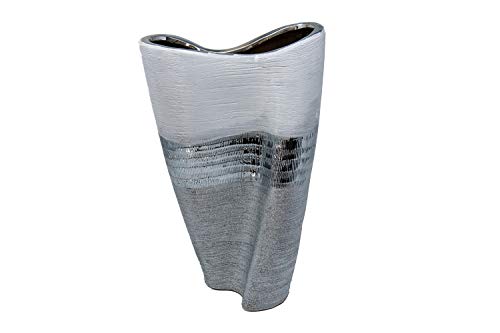 Moderne Vase aus Keramik Blumenvase Deko Pflanzen Gefäß 35 cm Hoch (Silber-Weiß)