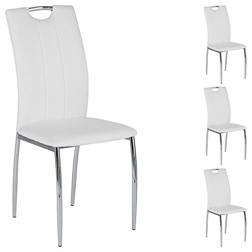4er Set Esszimmerstuhl Essgruppe Apollo, Set mit 4 Stühlen in Chrom, Lederimitat in weiß