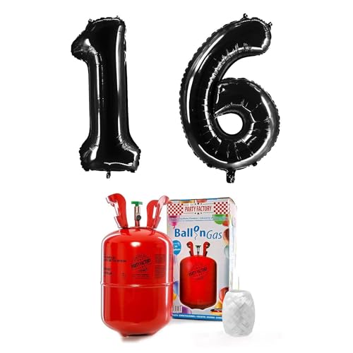 PARTY FACTORY Helium Set "16" mit XXL Zahlenballons, Ballongas und Ballonschnur - für Geburtstag, Jubiläum, Jahrestag; Gold, Silber, Schwarz, Pink, Rosa, Rosagold, Bunt (Schwarz)