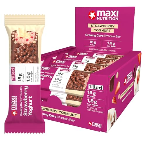 MaxiNutrition Creamy Core Bar Strawberry Yoghurt, 12x45g Filled-Protein-Riegel, 34% Eiweißgehalt 15g je Riegel, low Sugar (1,8g), ohne Zuckerzusatz, ohne künstliche Aromen, Born & Developed in Germany